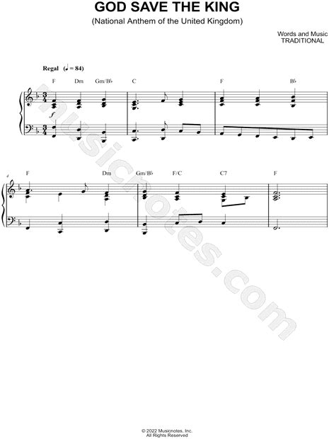 Traditional God Save The King Sheet Music Piano Solo In F Major