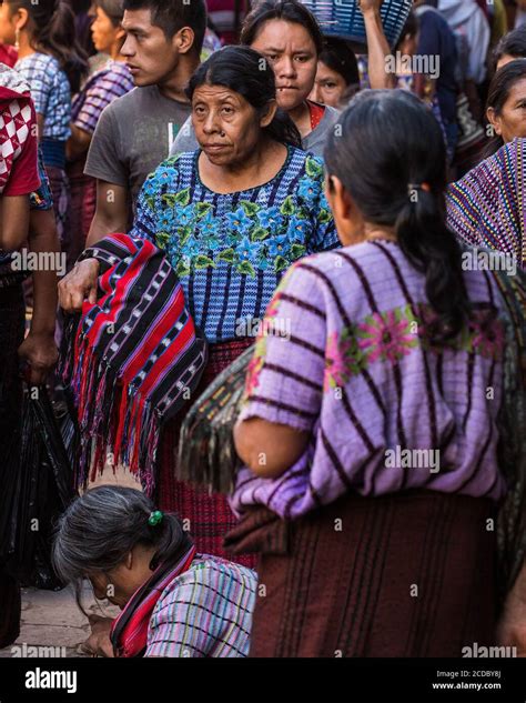 Tzutujil Mayan Women In Traditional Dress In The Crowded Weekly Open