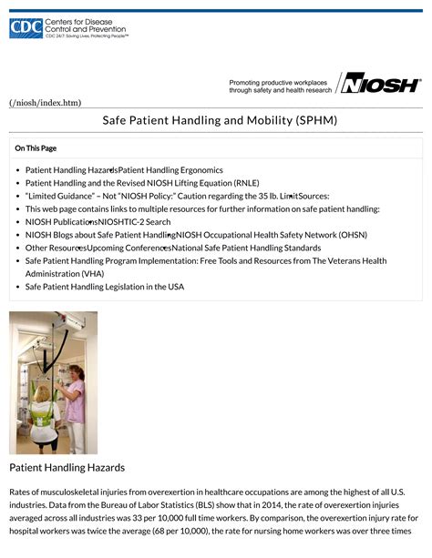 Cdc Safe Patient Handling And Mobility Sphm Niosh Workplace Safety