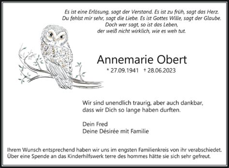 Traueranzeigen Von Annemarie Obert Schwaebische De Trauerportal