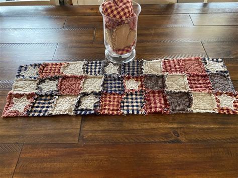 New Homespun Primitive Rag Quilt Table Runner Americana Blue Etsy