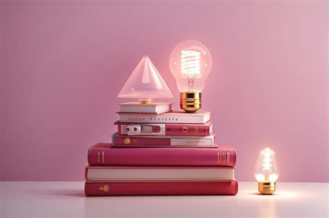 Premium Ai Image Stacked Pink Book And Light Bulb Minimal Concept