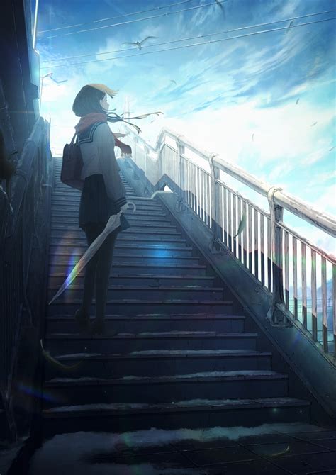 Anime Anime Girls Widea7 Artwork Stairs Sky School Uniform Wallpaper ...