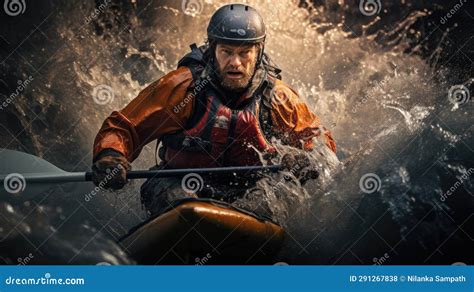 Brave Canoeist Navigating Through Rough Turbulent Waters Close Up