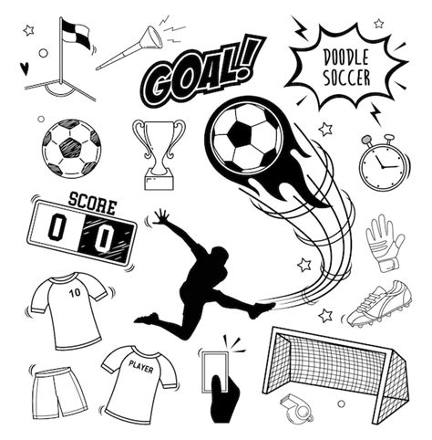 Conjunto vectorial de Doodle Equipo deportivo de fútbol y objetos como