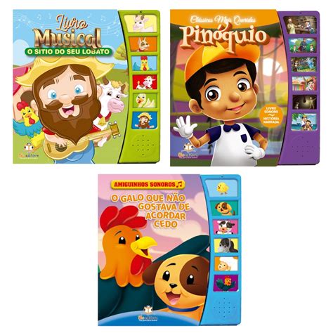 Livro Infantil Sonoro Musical Kit 3 unidades O seu Lobato Pinóquio O