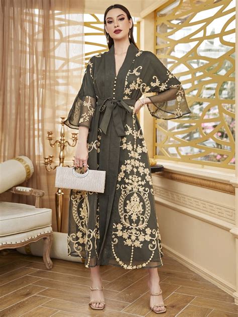 Baroque Print Flounce Sleeve Belted Kaftan Fashionable Business