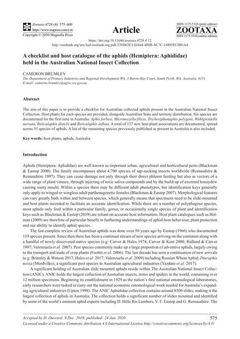 Pdf A Checklist And Host Catalogue Of The Aphids Hemiptera