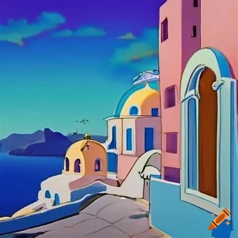 Picturesque View Of Santorini Greece In A S Hanna Barbera Cartoon