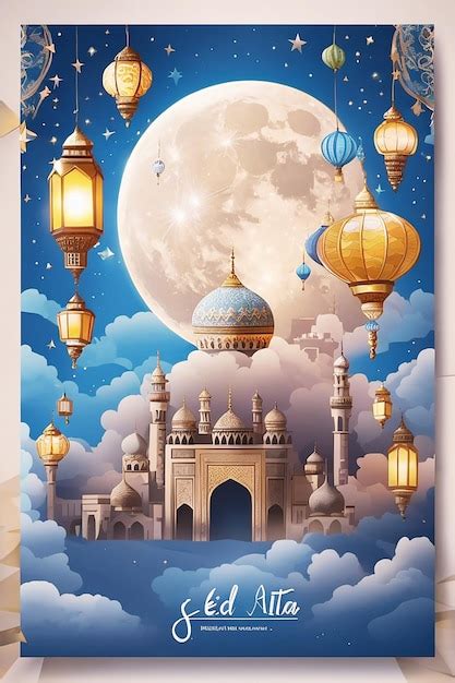 Cartaz Feliz De Eid Alfitr Fundo De Lanternas Lua E Nuvens Por Ai