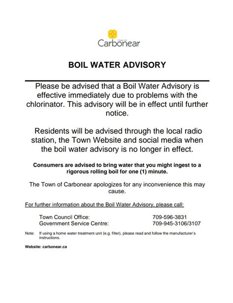 Notice Boil Water Advisory Town Of Carbonear