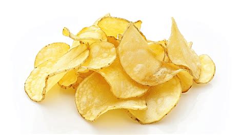 Potato Chips Isolated On White Background Above Background Brightly