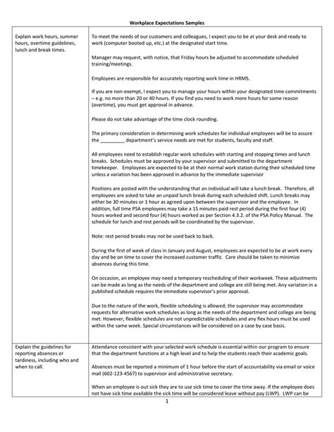 work expectations template