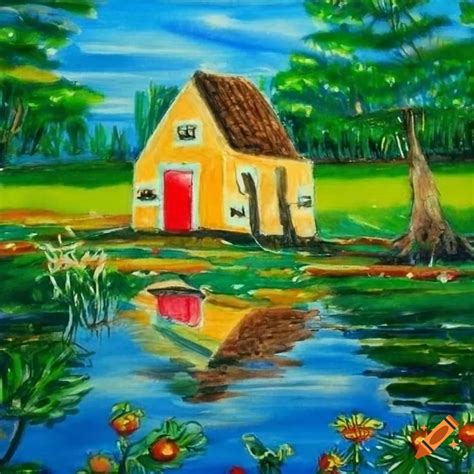 Primitive Naive Art Of A Small House Near A Pond In A Swampy Landscape