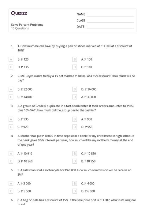 50 Percent Problems Worksheets For 5th Class On Quizizz Free And Printable