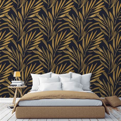 Peel And Stick Wallpaper Mural Black Gold Leaves Hand Painted Etsy