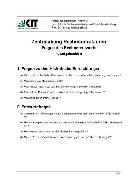 Übung 1 Aufgabenblatt ohne Lösung Karlsruher Institut für Technologie