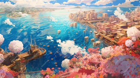 Premium Photo | Anime scenery of a city with a harbor and a boat ...