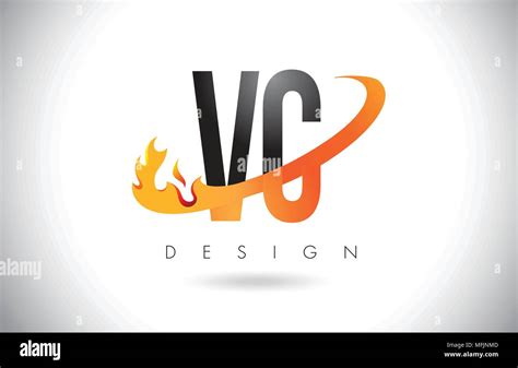 Vc V C Letter Logo Design With Fire Flames And Orange Swoosh Vector