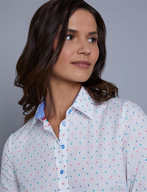 Women S White Light Blue Dobby Spot Semi Fitted Shirt Single Cuff