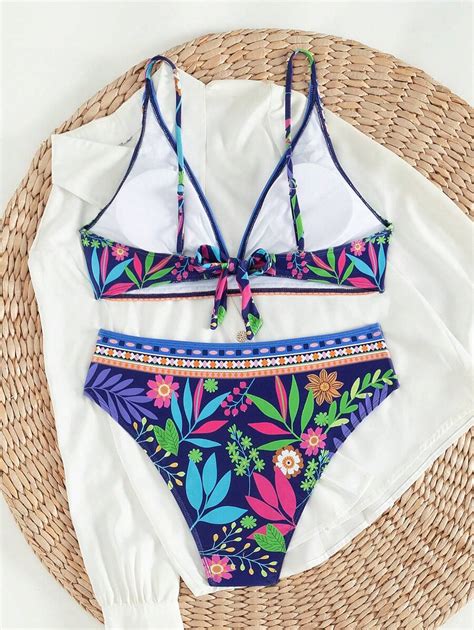 SHEIN Swim Conjunto de Maiô Bikini Estampa de Planta Feminino Carnaval