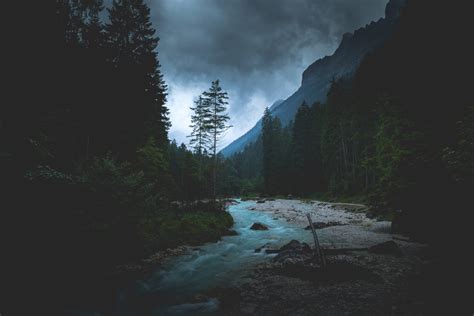 Landscape Forest Overcast Dark River Nature Mountains Water Hd