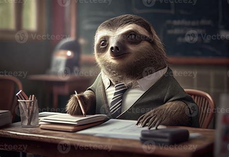 retrato do a antropomórfico bicho-preguiça vestido Como uma estudante dentro uma sala de aula