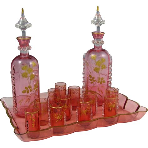 Antique 19thc French Clichy Pink Crystal Liquor Set Raised Gold From