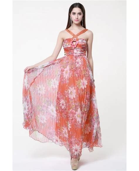 Summer High Waist Floral Print Chiffon Long Wedding Guest Dress Kc117