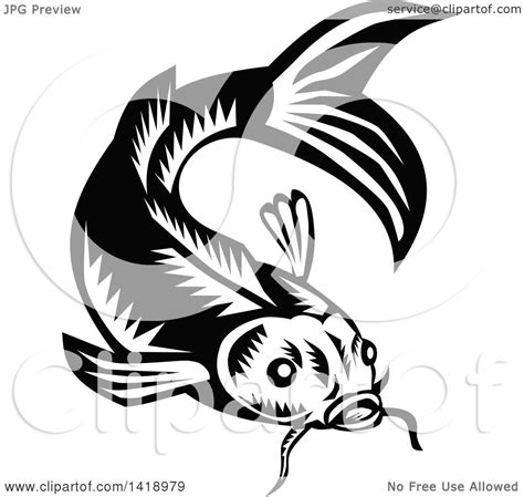 Clipart Of A Retro Black And White Woodcut Koi Carp Fish Royalty Free