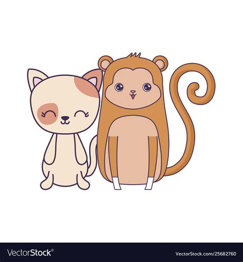 Cute cat with monkey animals isolated icon Vector Image