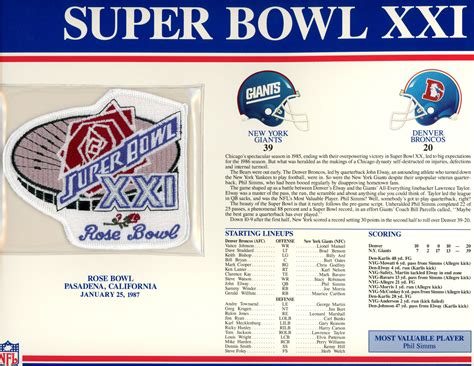 Super Bowl Xxi Patch Stat Card Official Willabee And Ward Denver Autographs