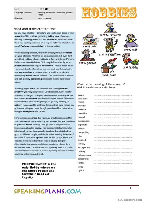 Hobby discussion starters, speaking…: English ESL worksheets pdf & doc