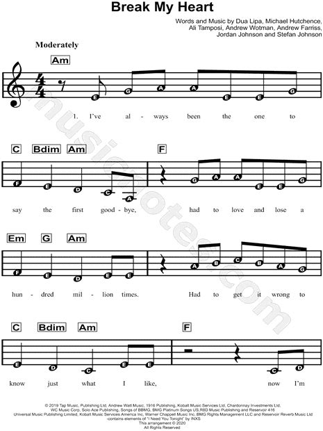 Dua Lipa Break My Heart Sheet Music For Beginners In A Minor Download And Print Sku Mn0215844