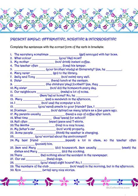 Present Simple Affirmative Negative And Interrogative English Esl Worksheets Present Perfect