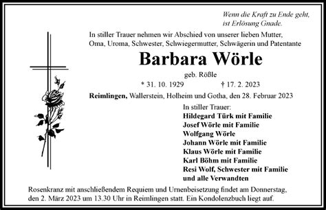 Traueranzeigen Von Barbara W Rle Augsburger Allgemeine Zeitung