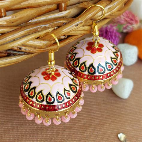 Traditional Pearl Jhumka Earrings Pink Red Fashioncrab