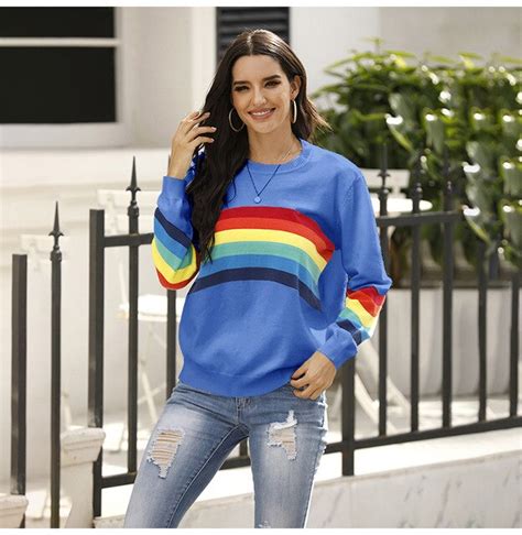 Sweater Women Autumn Winter Long Sleeve Rainbow Striped Top White Knit