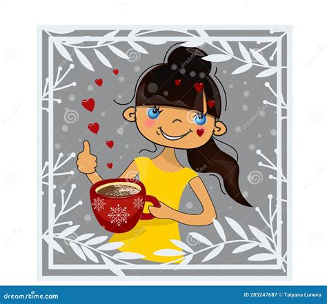 Cute Happy Beautiful Girl Drinking Coffee With Hearts Stock