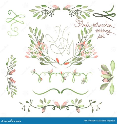 Set With Frame Borders Floral Decorative Ornaments With Watercolor