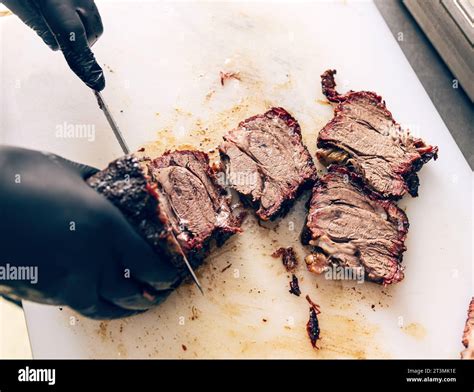 Chef Hands Cut Grill Steak At Kitchen Restaurant Closeup Chef Hands