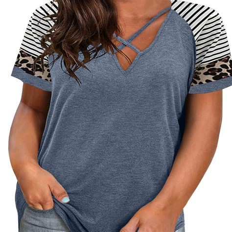 Plus Size Colorblock Leopard Print Short Sleeve T Shirt Womens Plus Slight Stretch Basic Tee