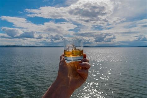 Premium Photo Cropped Hand Of Person Holding Whisky Glass Against Sea