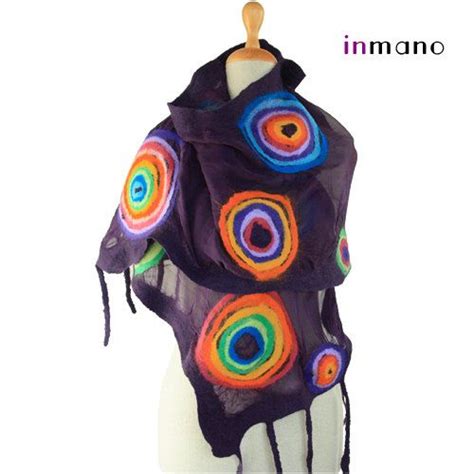 Nuno Felted Scarf Violet And Multicolour Circles Rainbow Silk Felt