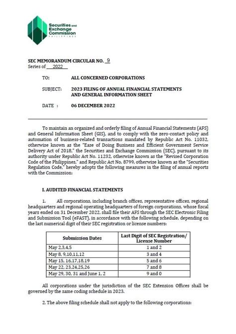 Sec 2023 Schedule For Filing Of The Audited Financial Statements And