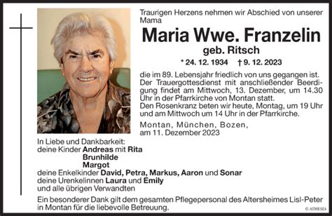 Traueranzeigen Von Maria Franzelin Trauer Bz