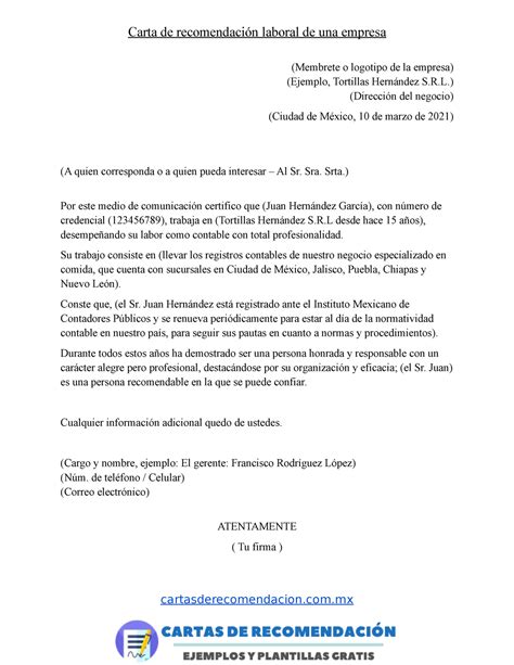 Carta De Recomendacion Laboral De Una Empresa Carta De Recomendación