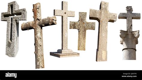 Collection Of Stone Religious Crosses Isolated On White Background