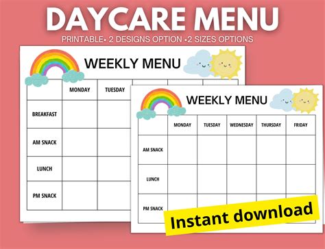 Printable Menus Daycares