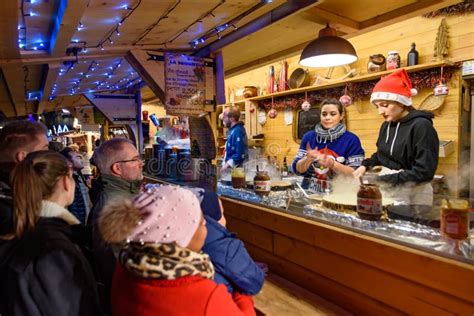 Stalls Of Traditional Food In Christmas Market In Strasbourg The